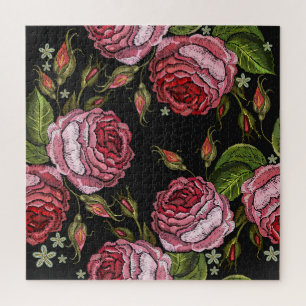 ヴィンテージレッドローズ刺繍模様 ジグソーパズル