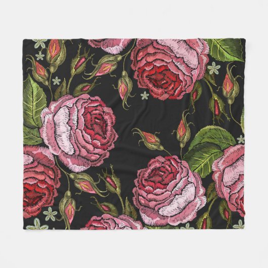 ヴィンテージレッドローズ刺繍模様 フリースブランケット (正面(横))