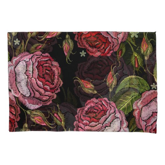 ヴィンテージレッドローズ刺繍模様 枕カバー (正面)