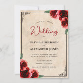 ヴィンテージレッドローズ金ゴールドエレガントウェディング 招待状 (正面)