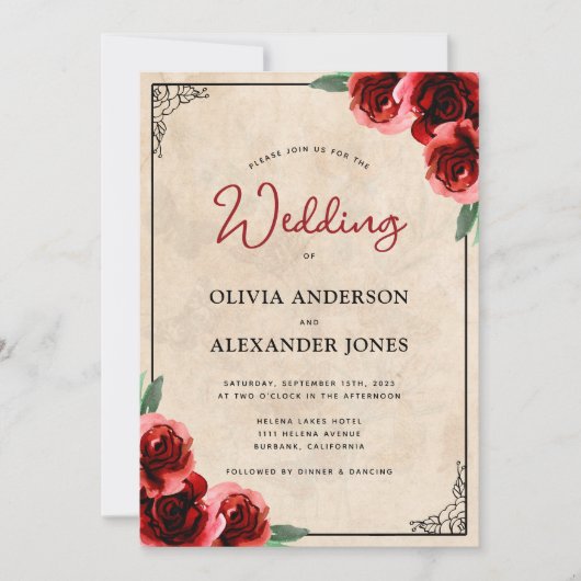 ヴィンテージレッドローズ金ゴールドエレガントウェディング 招待状 (正面)