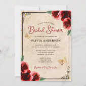 ヴィンテージレッドローズ金ゴールドエレガントブライダルシャワー 招待状 (正面)