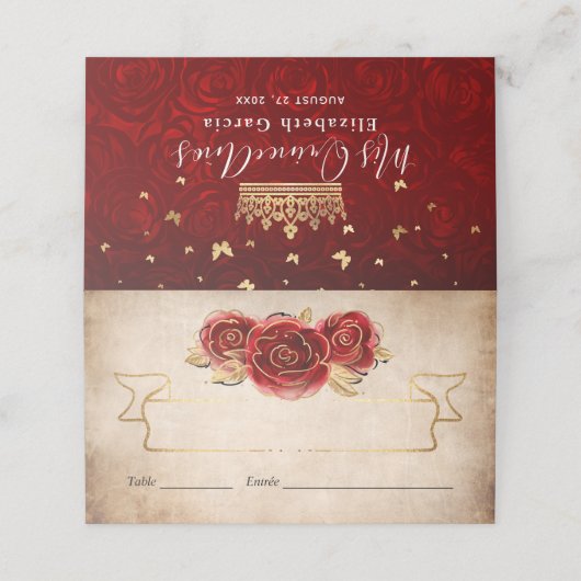 ヴィンテージレッドローズ金ゴールドクラウンエレガントエスコート折り畳み プレイスカード (外部開封)