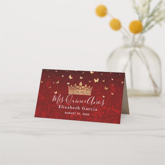 ヴィンテージレッドローズ金ゴールドクラウンエレガントエスコート折り畳み プレイスカード (裏面)