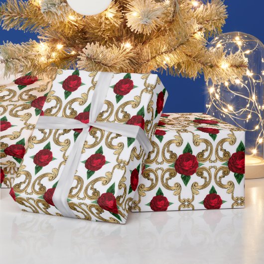 ヴィンテージレッドローズ金ゴールドパターン ラッピングペーパー (クリスマス)