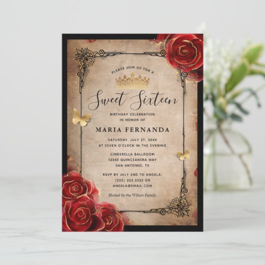 ヴィンテージレッドローズ金ゴールドブラックスエレガントイート16 招待状 (スタンド正面)