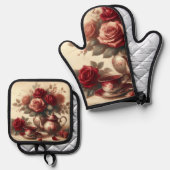 ヴィンテージレッドローズ 鍋つかみ&鍋敷きセット (正面/裏面)