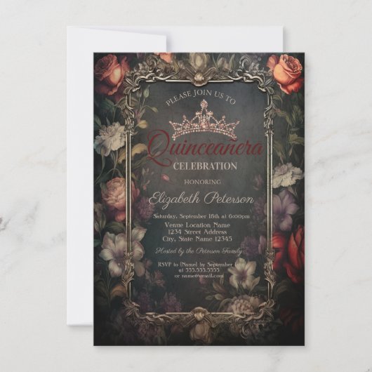 ヴィンテージレッドローゼゴシックホテルストライプクインセアニラ 招待状 (正面)