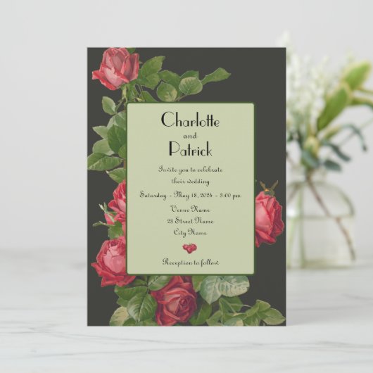 ヴィンテージレッドローゼスセージグリーン結婚式招待状 招待状 (スタンド正面)