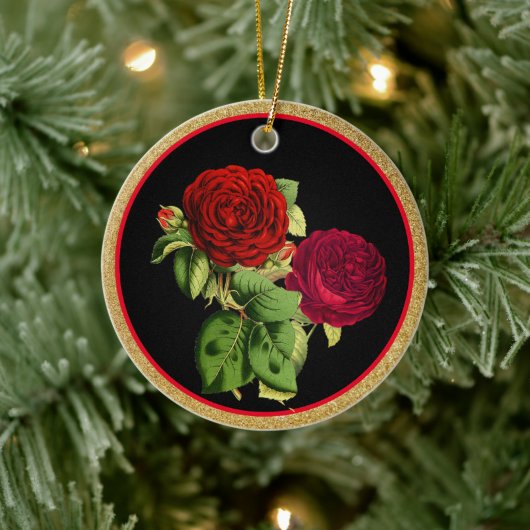 ヴィンテージレッドローゼズと金ゴールドグリッタークリスマス セラミックオーナメント (ツリー)