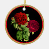 ヴィンテージレッドローゼズと金ゴールドグリッタークリスマス セラミックオーナメント (正面)