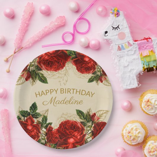 ヴィンテージレッドローゼズウィメンズハッピーバースデー ペーパープレート (パーティー)