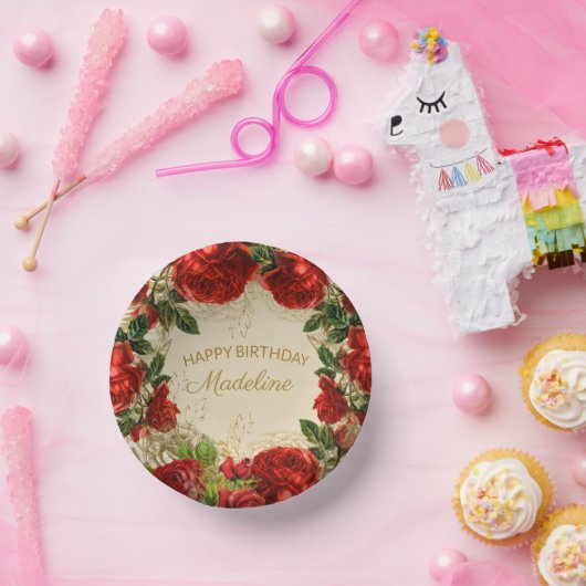 ヴィンテージレッドローゼズウィメンズハッピーバースデー ペーパーボウル (パーティー)