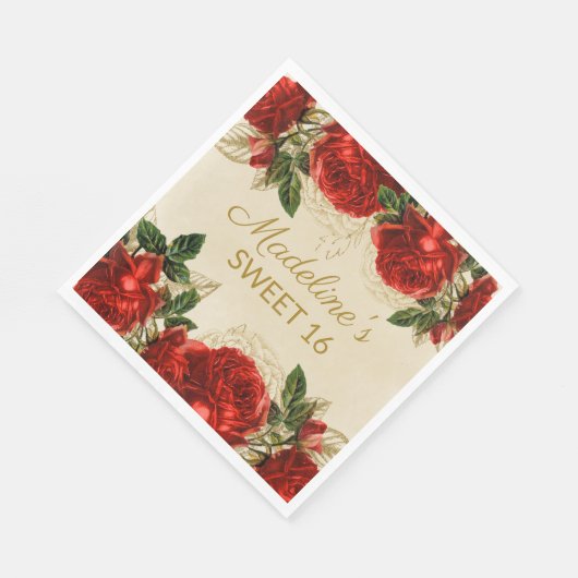 ヴィンテージレッドローゼズスウィート16誕生日 スタンダードランチョンナプキン (角)