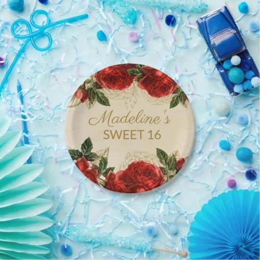 ヴィンテージレッドローゼズスウィート16誕生日 ペーパープレート (パーティー)
