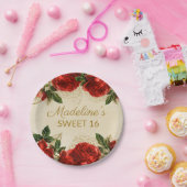 ヴィンテージレッドローゼズスウィート16誕生日 ペーパープレート (パーティー)