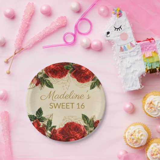 ヴィンテージレッドローゼズスウィート16誕生日 ペーパープレート (パーティー)