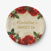 ヴィンテージレッドローゼズスウィート16誕生日 ペーパープレート (正面)