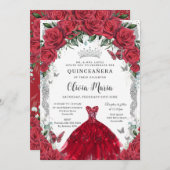 ヴィンテージレッドローゼドレスフローラキンセアニラシルバー 招待状 (正面/裏面)