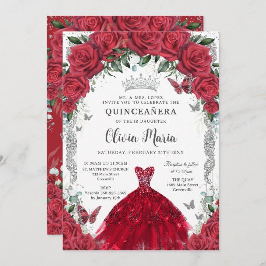 ヴィンテージレッドローゼドレスフローラキンセアニラシルバー 招待状 (正面/裏面)