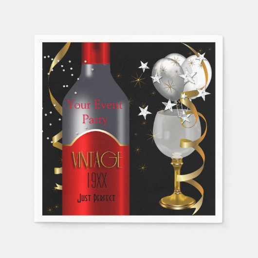 ヴィンテージレッドワインブラック金ゴールドシルバー スタンダードカクテルナプキン (正面)