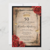 ヴィンテージレッド王室のローズ金ゴールドエレガント誕生日 招待状 (正面)