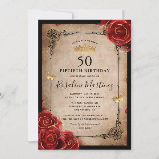 ヴィンテージレッド王室のローズ金ゴールドエレガント誕生日 招待状 (正面)