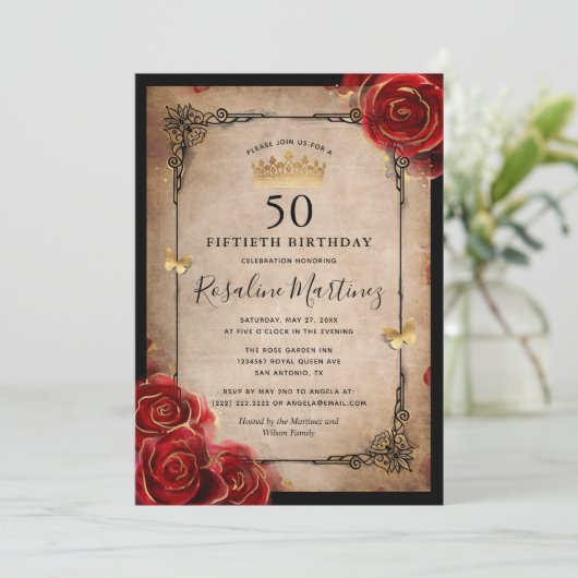 ヴィンテージレッド王室のローズ金ゴールドエレガント誕生日 招待状 (スタンド正面)