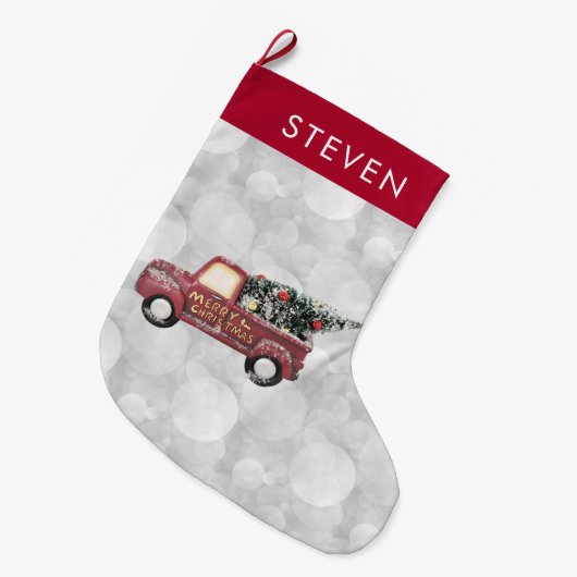 ヴィンテージレッド玩具トラック ラージクリスマスストッキング (正面 (吊り時))