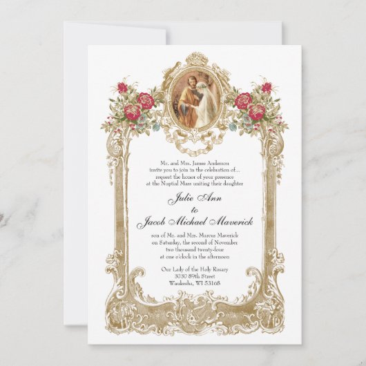 ヴィンテージレッド結婚・ローゼズ・メアリーとジョセフ 招待状 (正面)