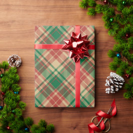 ヴィンテージレッド緑ベージュの格子模様クリスマス ラッピングペーパー