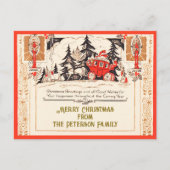 ヴィンテージレッド金ゴールドクリスマスグリーティングキャリッジ雪 ポストカード (正面)