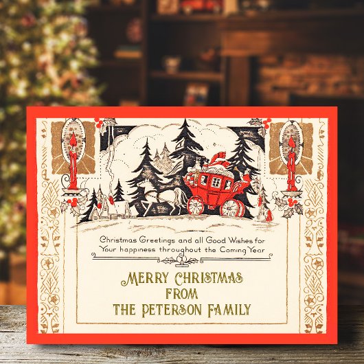 ヴィンテージレッド金ゴールドクリスマスグリーティングキャリッジ雪 ポストカード
