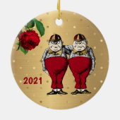 ヴィンテージレッド金ゴールドトゥイードルズクリスマス セラミックオーナメント (裏面)