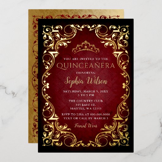 ヴィンテージレッド金ゴールドプリンセスティアラキンセアニラ 箔招待状 (正面/裏面)