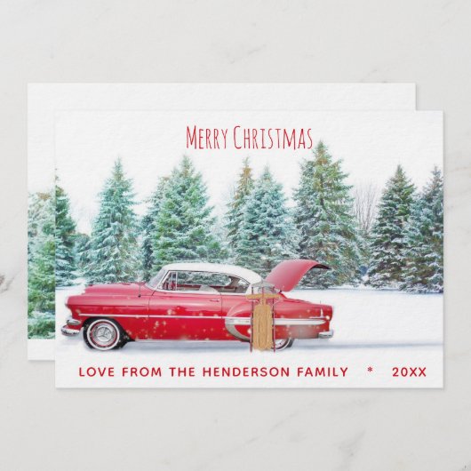 ヴィンテージレッド1950のChevyメリークリスマスホリデー シーズンカード (正面/裏面)