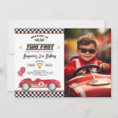 ヴィンテージレッド2高速レースカー誕生日写真 招待状 (正面)