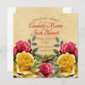 ヴィンテージレッド&イエローローズフローラ結婚ズスクエア 招待状 (正面/裏面)