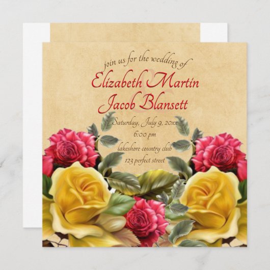 ヴィンテージレッド&イエローローズフローラ結婚ズスクエア 招待状 (正面/裏面)