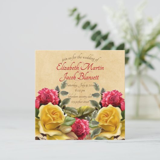 ヴィンテージレッド&イエローローズフローラ結婚ズスクエア 招待状 (スタンド正面)