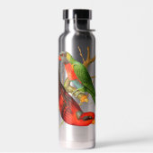 ヴィンテージレッド&カラフルグリーンパロッツイラストレーション ウォーターボトル (左面)