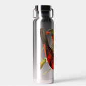 ヴィンテージレッド&カラフルグリーンパロッツイラストレーション ウォーターボトル (正面)