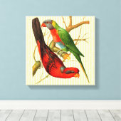 ヴィンテージレッド&カラフルグリーンパロッツイラストレーション キャンバスプリント (インサイチュ (ウッドフロア))