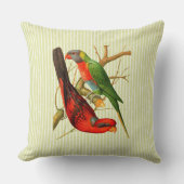ヴィンテージレッド&カラフルグリーンパロッツイラストレーション クッション (正面)