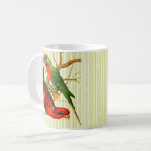 ヴィンテージレッド&カラフルグリーンパロッツイラストレーション コーヒーマグカップ (正面左)