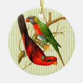 ヴィンテージレッド&カラフルグリーンパロッツイラストレーション セラミックオーナメント (正面)