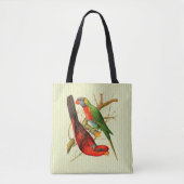 ヴィンテージレッド&カラフルグリーンパロッツイラストレーション トートバッグ (正面)