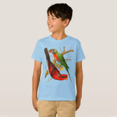 ヴィンテージレッド&カラフルグリーンパロッツイラストレーション Tシャツ (正面フル)