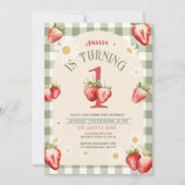 ヴィンテージレッド&グリーンイチゴデイジー誕生日 招待状 (正面)