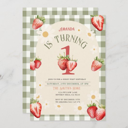 ヴィンテージレッド&グリーンイチゴデイジー誕生日 招待状 (正面/裏面)